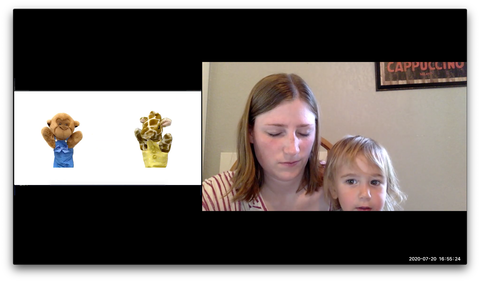 A cute toddler and their parent participating in one of our looking-time studies on Zoom. 