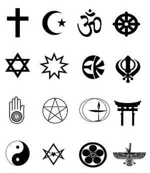 16 religious symbols of different faiths in black and white